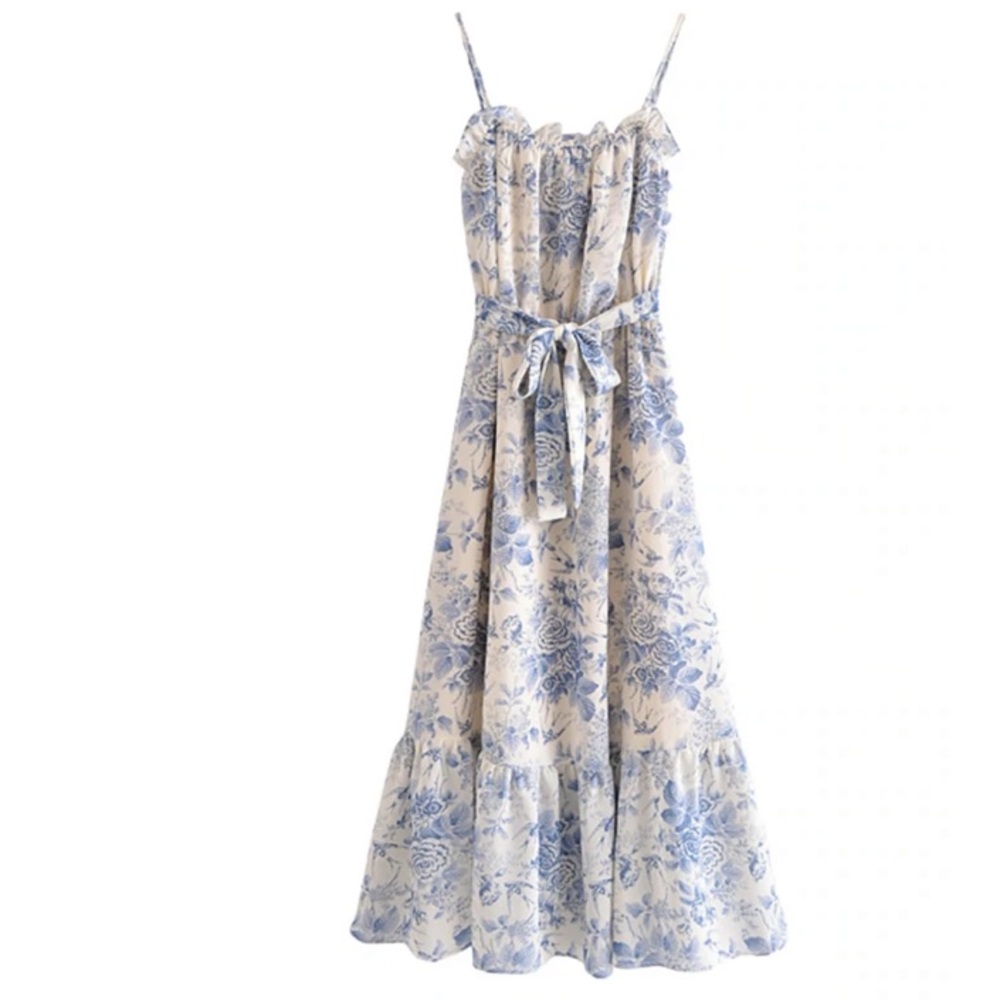 Blue floral printed tied waist midi dress 🏷 NWT 🏷